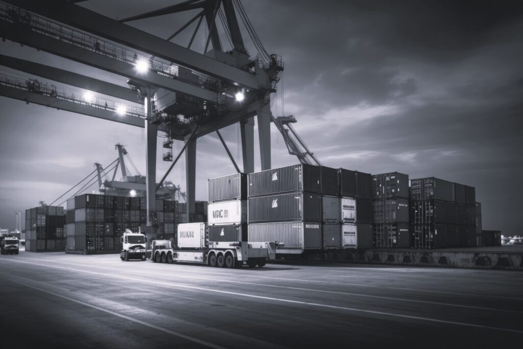 logistics-transportation-container-cargo-ship-cargo-plane-with-working-crane-bridge-shipyard-sunrise-logistic-import-export-transport-industry-background-ai-generative pb